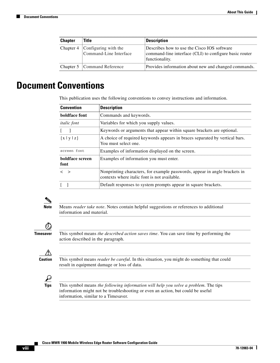 Cisco Systems 78-13983-04 manual Document Conventions, Convention Description, Boldface font, Boldface screen, Font 