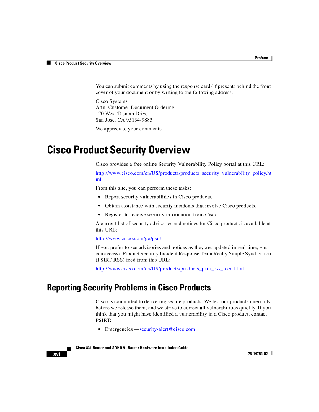 Cisco Systems 78-14784-02 manual Cisco Product Security Overview, Reporting Security Problems in Cisco Products, Psirt 