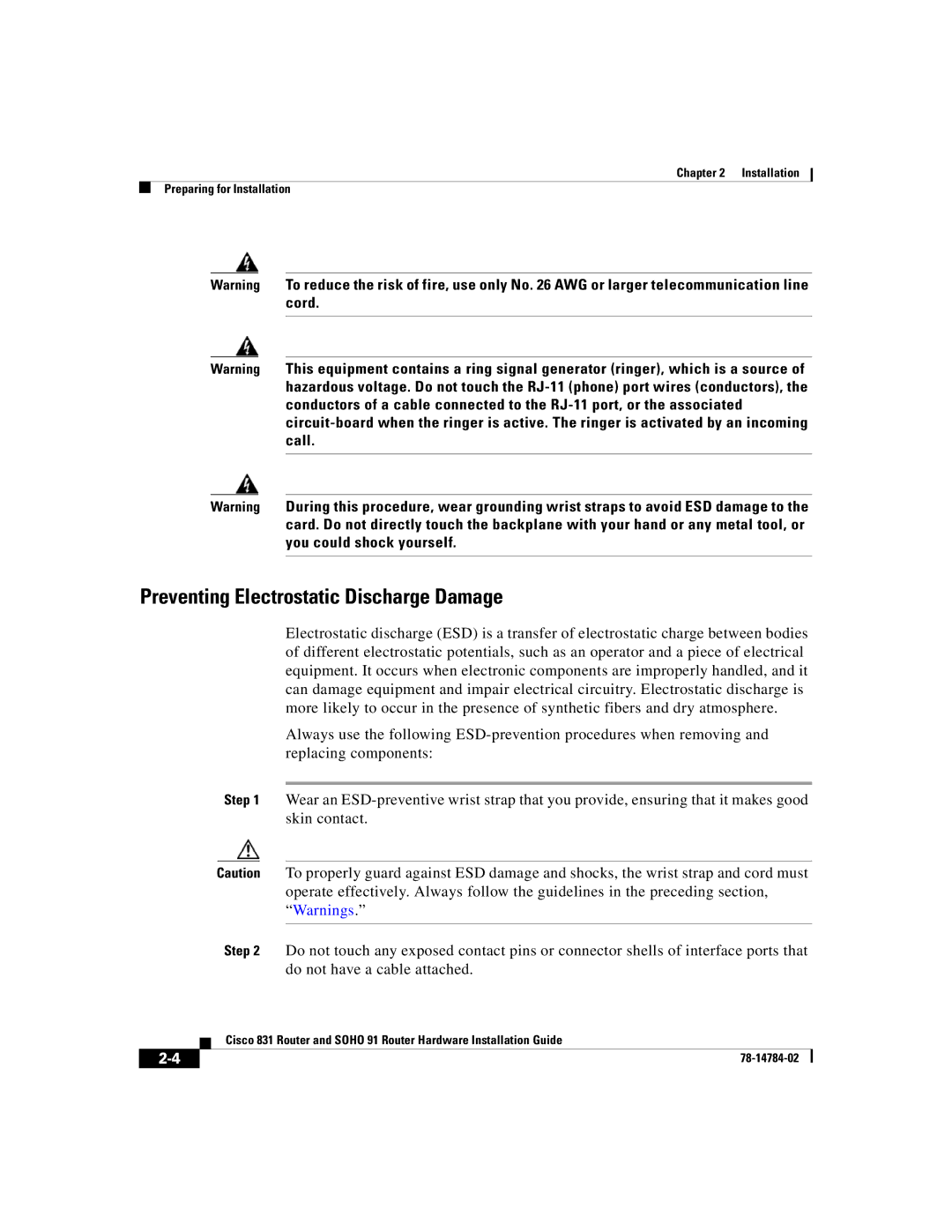 Cisco Systems 78-14784-02 manual Preventing Electrostatic Discharge Damage 