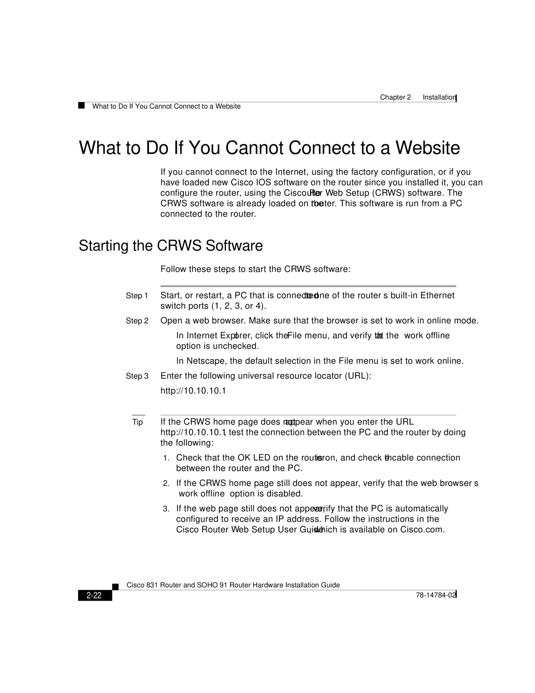 Cisco Systems 78-14784-02 manual What to Do If You Cannot Connect to a Website, Starting the Crws Software 