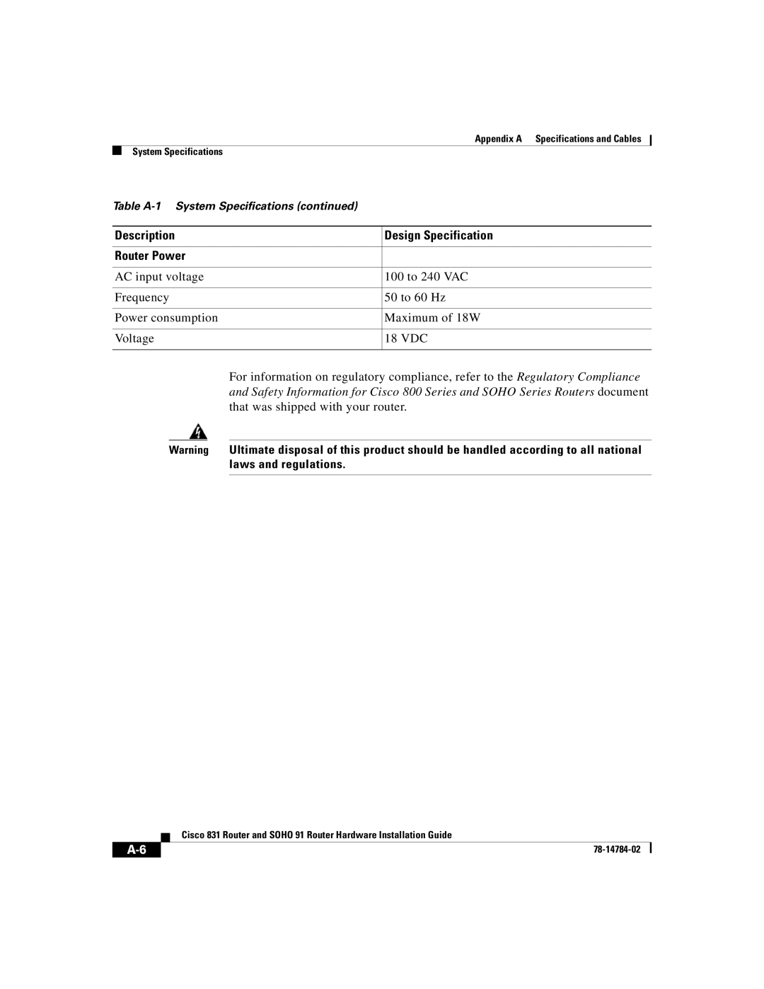 Cisco Systems 78-14784-02 manual Description Design Specification Router Power, Laws and regulations 