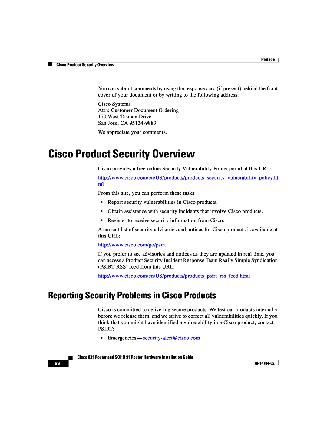 Cisco Systems 78-14784-02 manual Cisco Product Security Overview, Reporting Security Problems in Cisco Products 