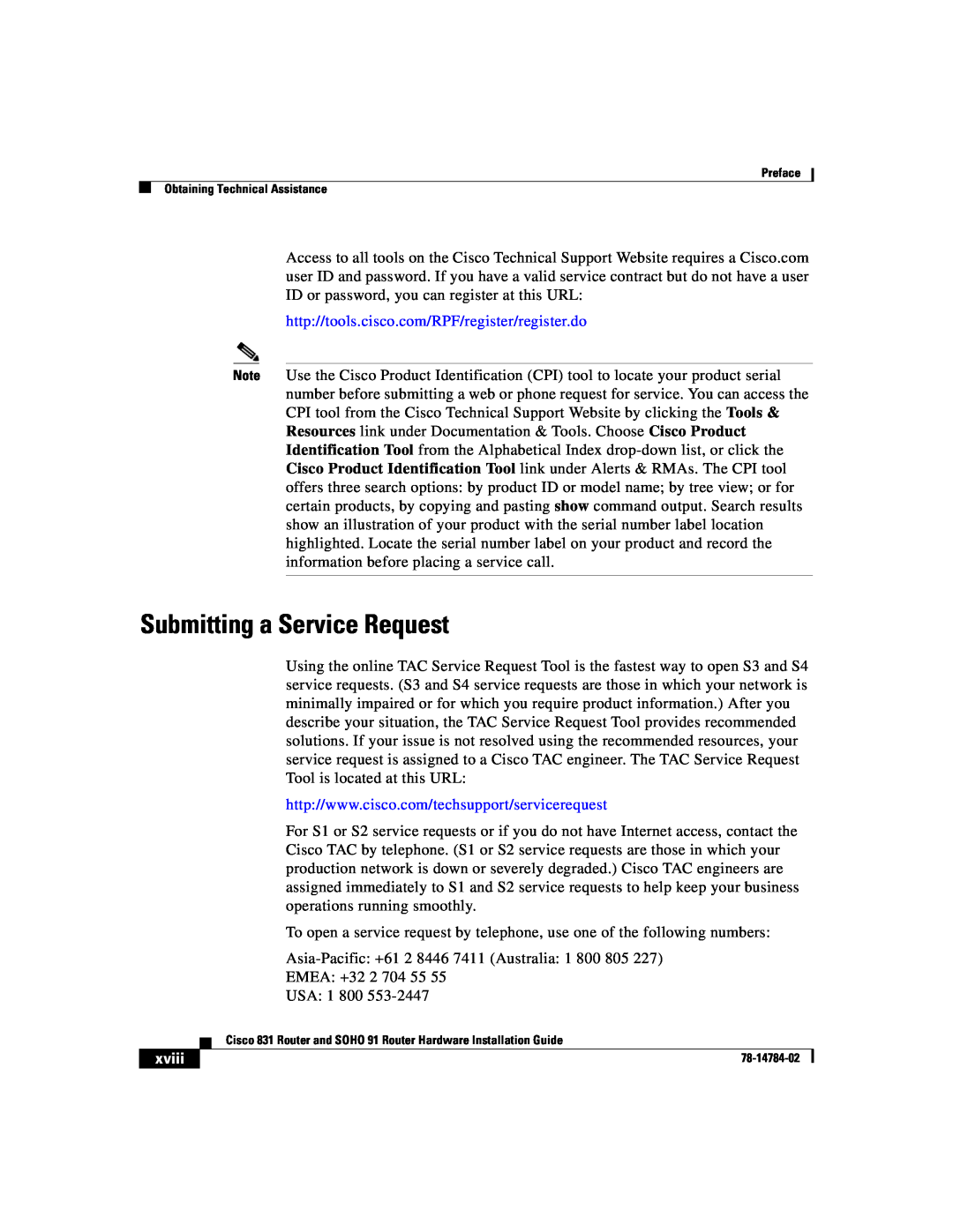 Cisco Systems 78-14784-02 manual Submitting a Service Request, http//tools.cisco.com/RPF/register/register.do, xviii 