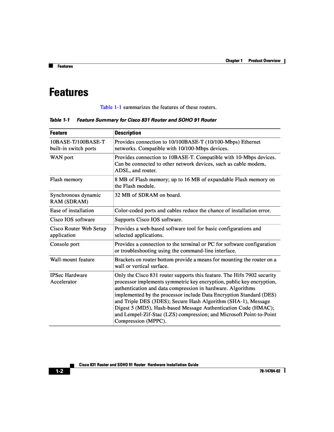 Cisco Systems 78-14784-02 manual Features, Description 