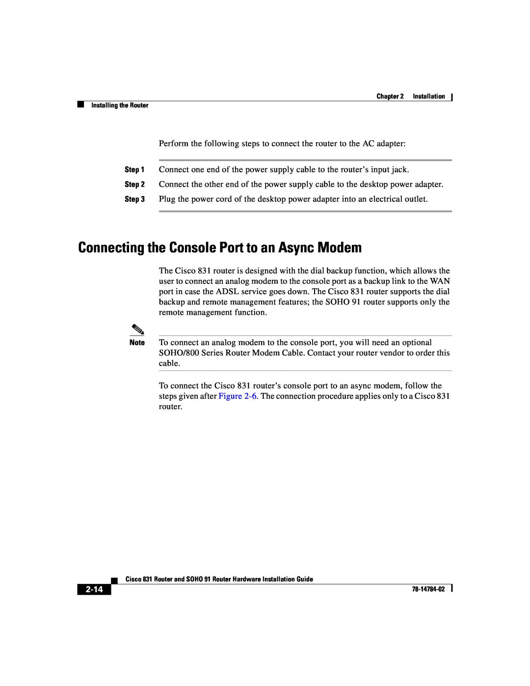 Cisco Systems 78-14784-02 manual Connecting the Console Port to an Async Modem, 2-14 