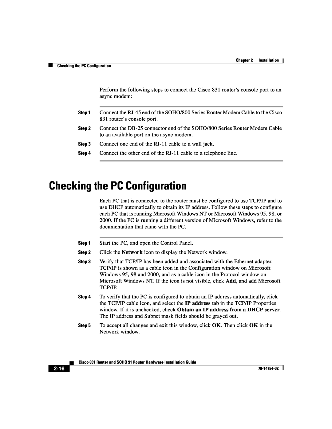 Cisco Systems 78-14784-02 manual Checking the PC Configuration, 2-16 