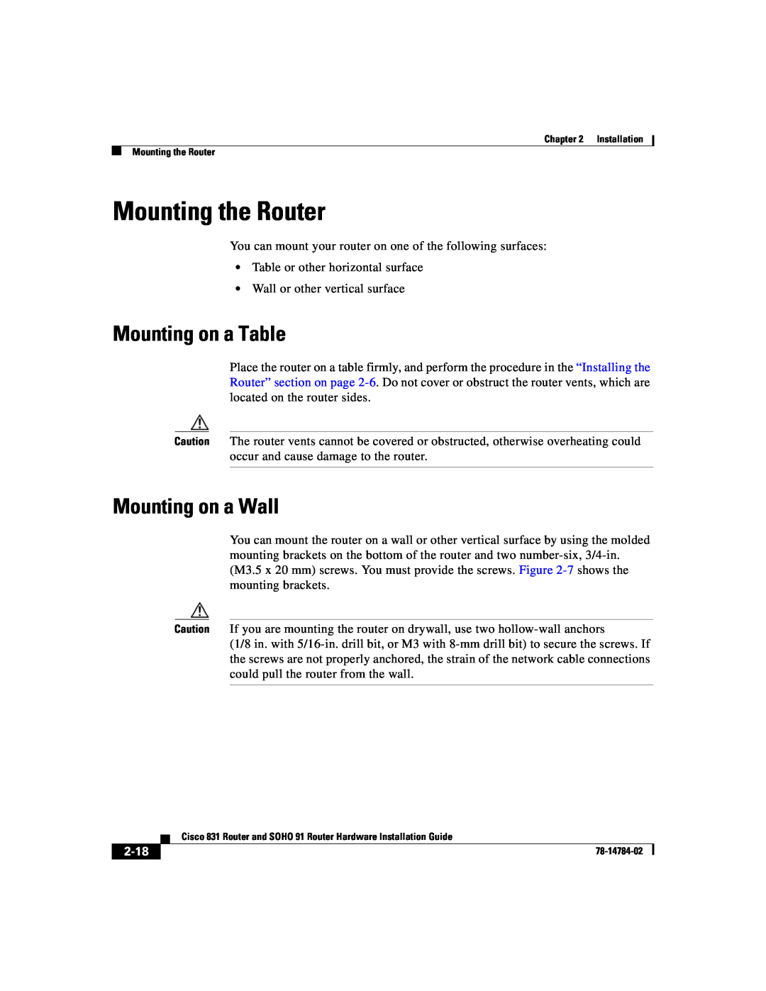 Cisco Systems 78-14784-02 manual Mounting the Router, Mounting on a Table, Mounting on a Wall, 2-18 