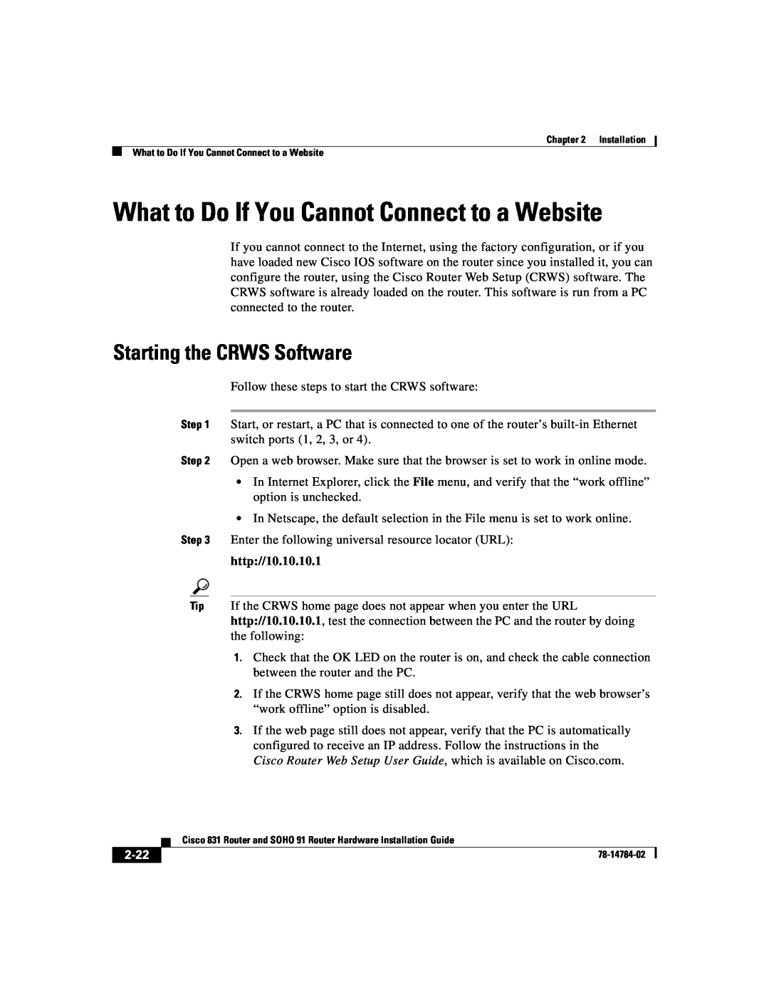 Cisco Systems 78-14784-02 Starting the CRWS Software, What to Do If You Cannot Connect to a Website, http//10.10.10.1 