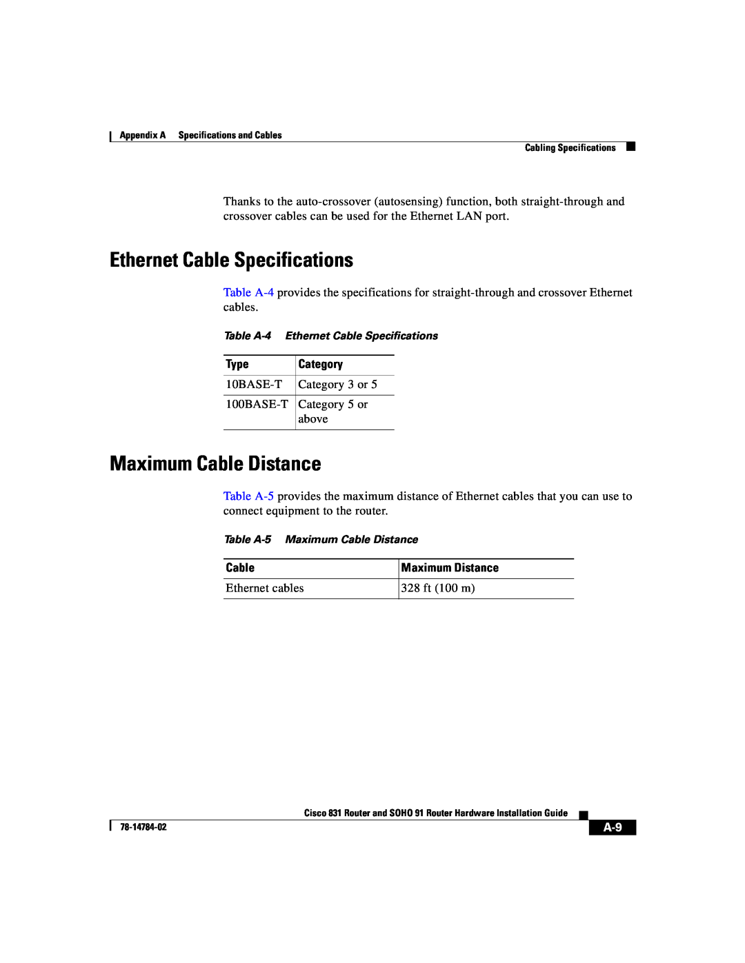 Cisco Systems 78-14784-02 manual Ethernet Cable Specifications, Maximum Cable Distance 