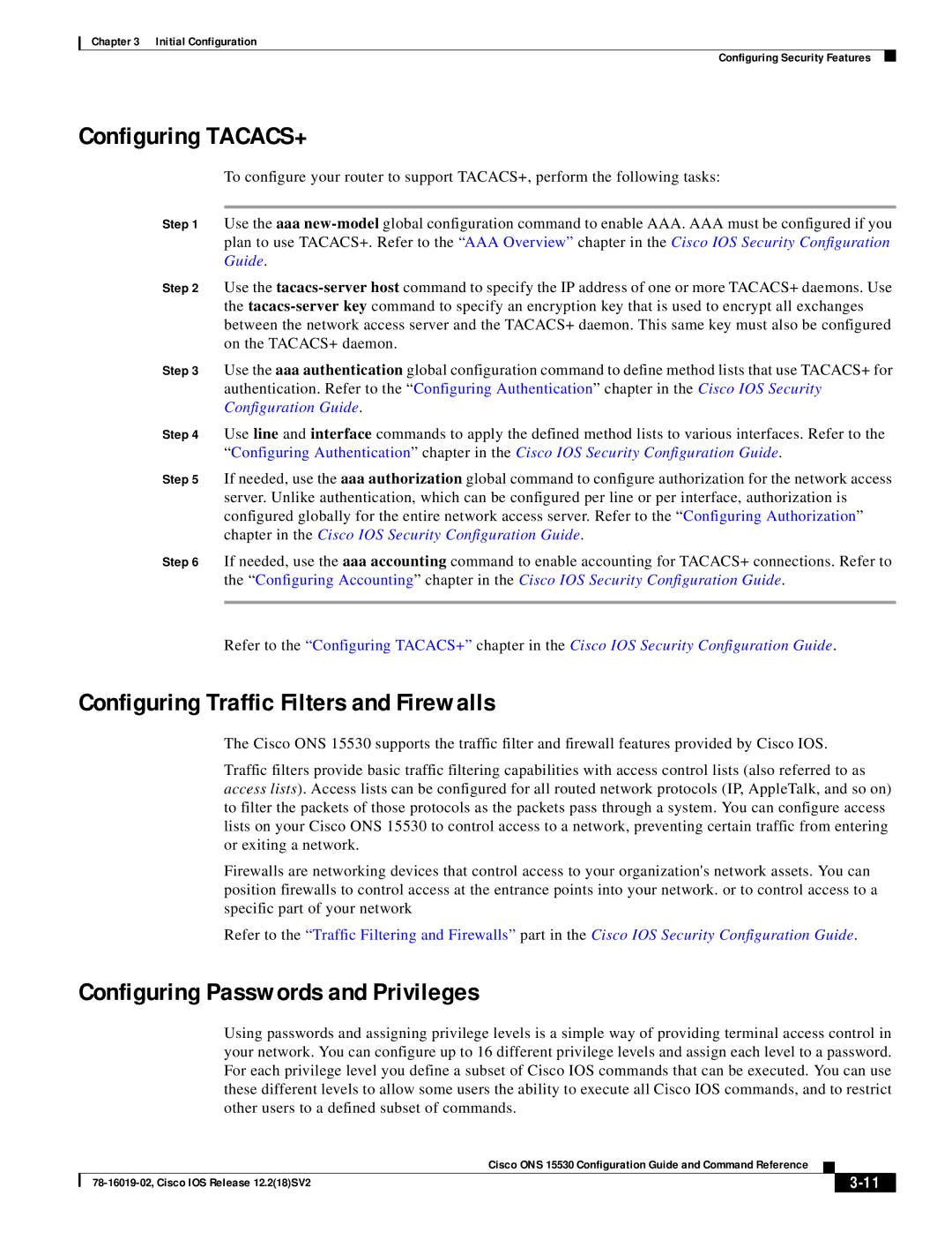 Cisco Systems 78-16019-02 manual Configuring TACACS+, Configuring Traffic Filters and Firewalls 