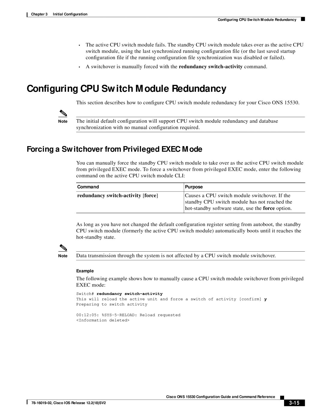 Cisco Systems 78-16019-02 manual Configuring CPU Switch Module Redundancy, Forcing a Switchover from Privileged Exec Mode 