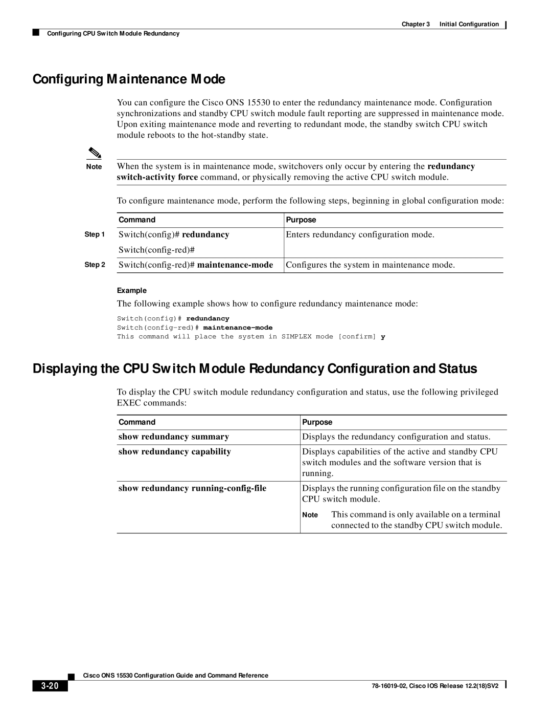 Cisco Systems 78-16019-02 manual Configuring Maintenance Mode, Show redundancy summary, Show redundancy capability 