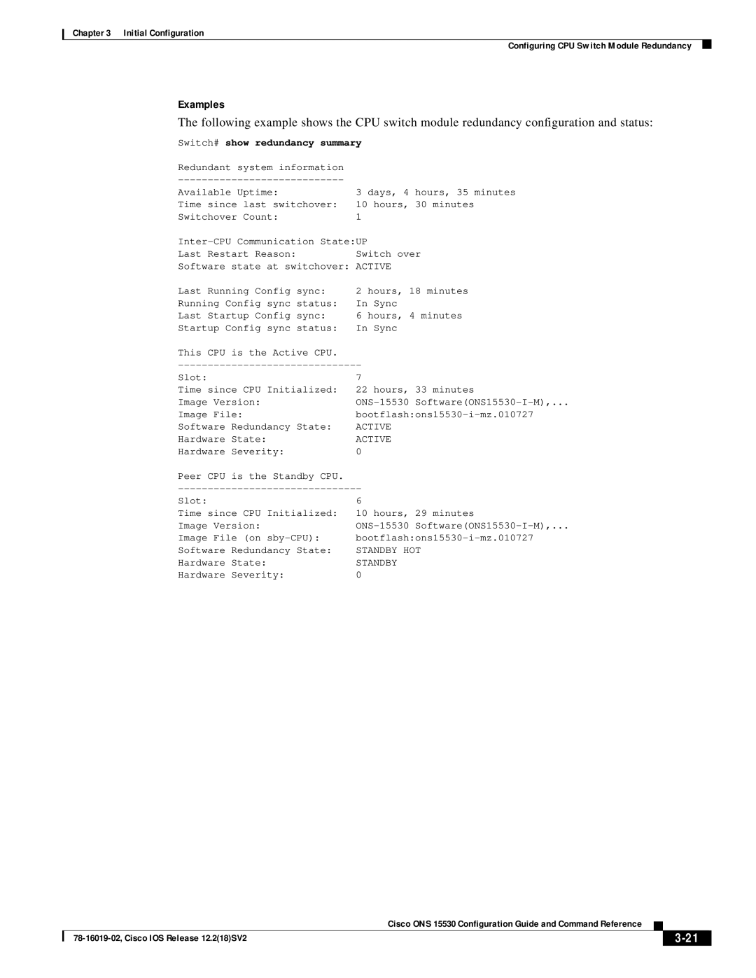 Cisco Systems 78-16019-02 manual Examples, Switch# show redundancy summary 