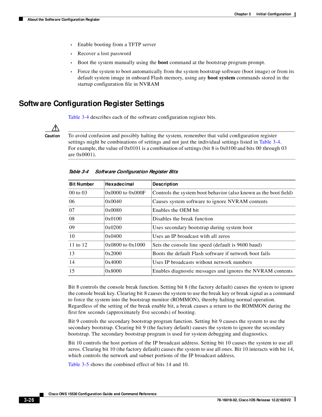 Cisco Systems 78-16019-02 manual Software Configuration Register Settings, Bit Number Hexadecimal Description 