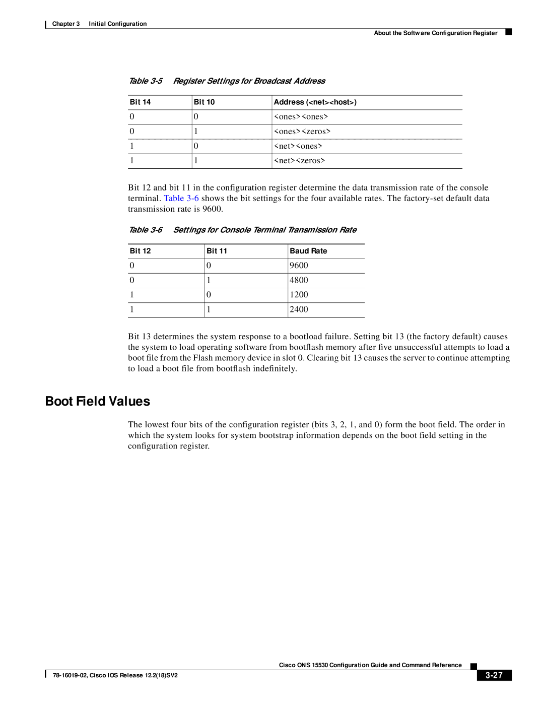 Cisco Systems 78-16019-02 manual Boot Field Values, Bit Address nethost, Bit Baud Rate 