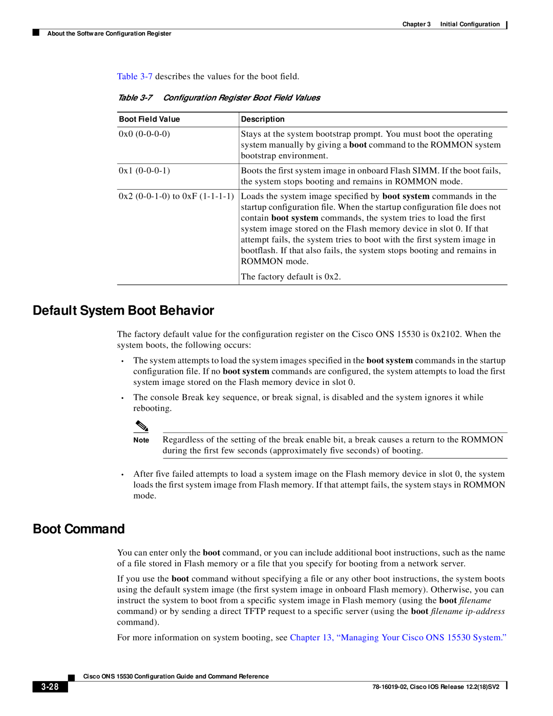 Cisco Systems 78-16019-02 manual Default System Boot Behavior, Boot Command, 7describes the values for the boot field 