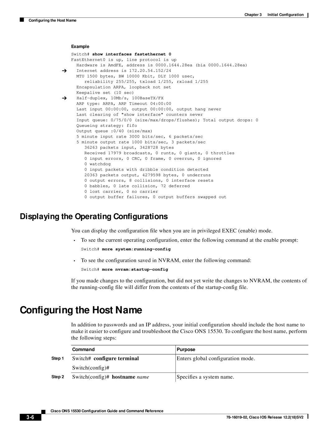 Cisco Systems 78-16019-02 manual Configuring the Host Name, Displaying the Operating Configurations, Example 