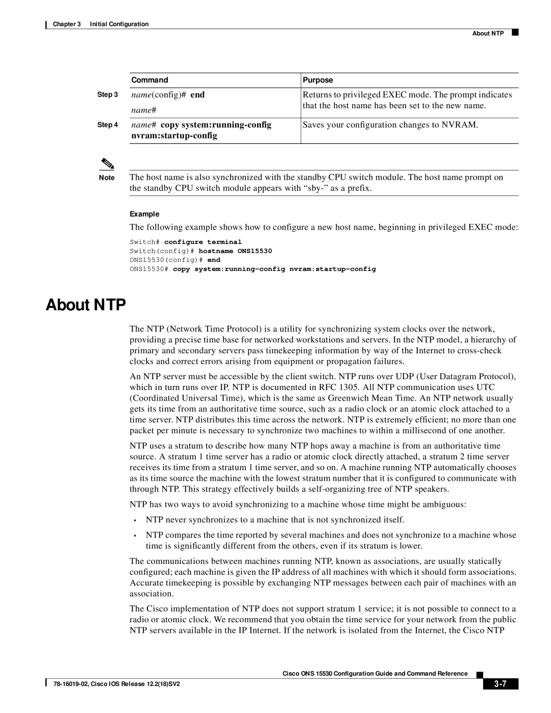 Cisco Systems 78-16019-02 manual About NTP, Switch# configure terminal Switchconfig# hostname ONS15530 