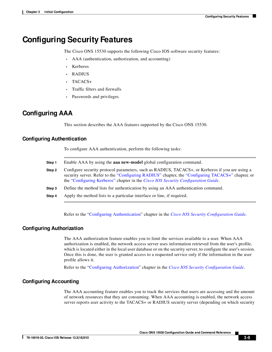 Cisco Systems 78-16019-02 manual Configuring Security Features, Configuring AAA, Configuring Authentication 