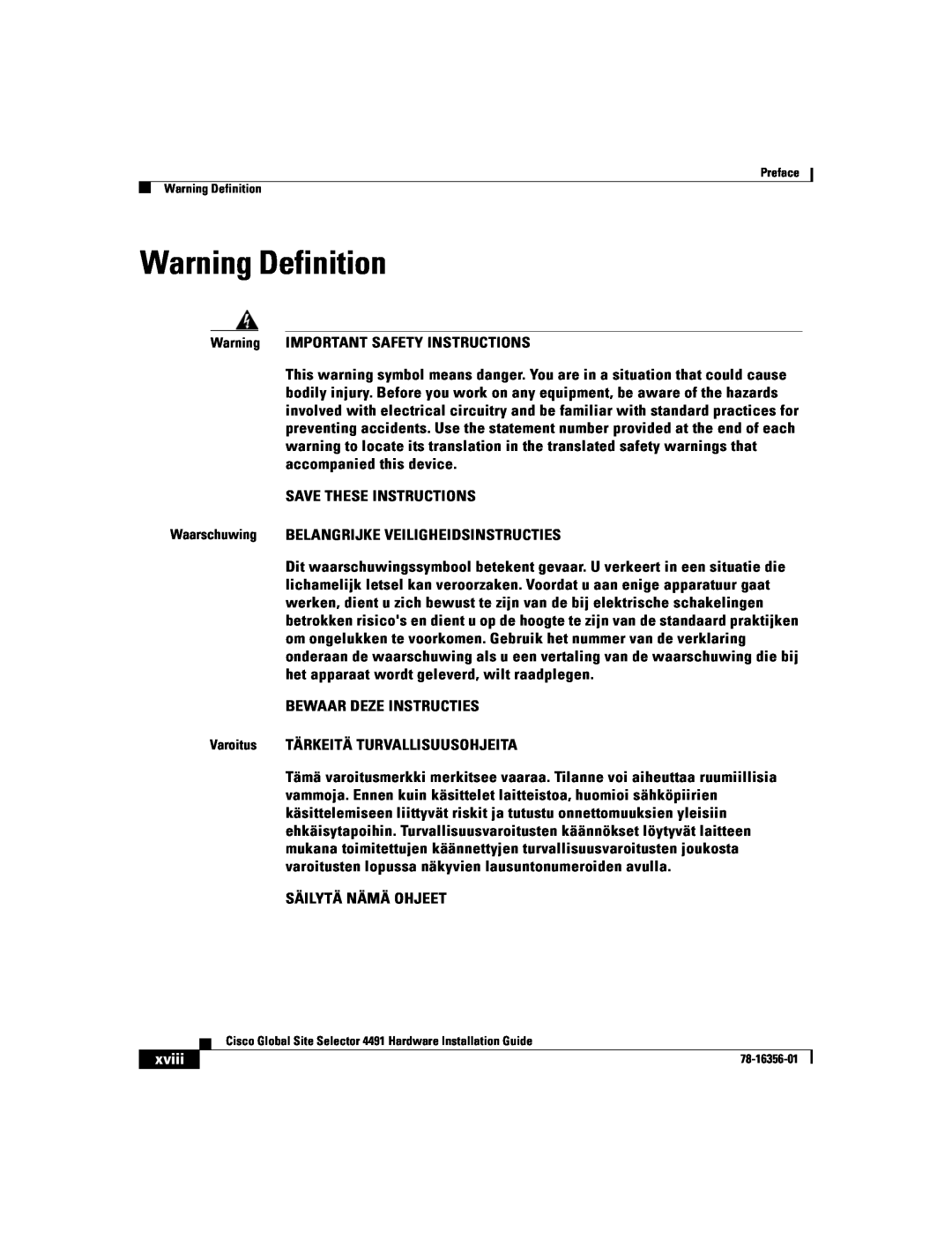Cisco Systems 78-16356-01 manual Warning Definition, xviii 