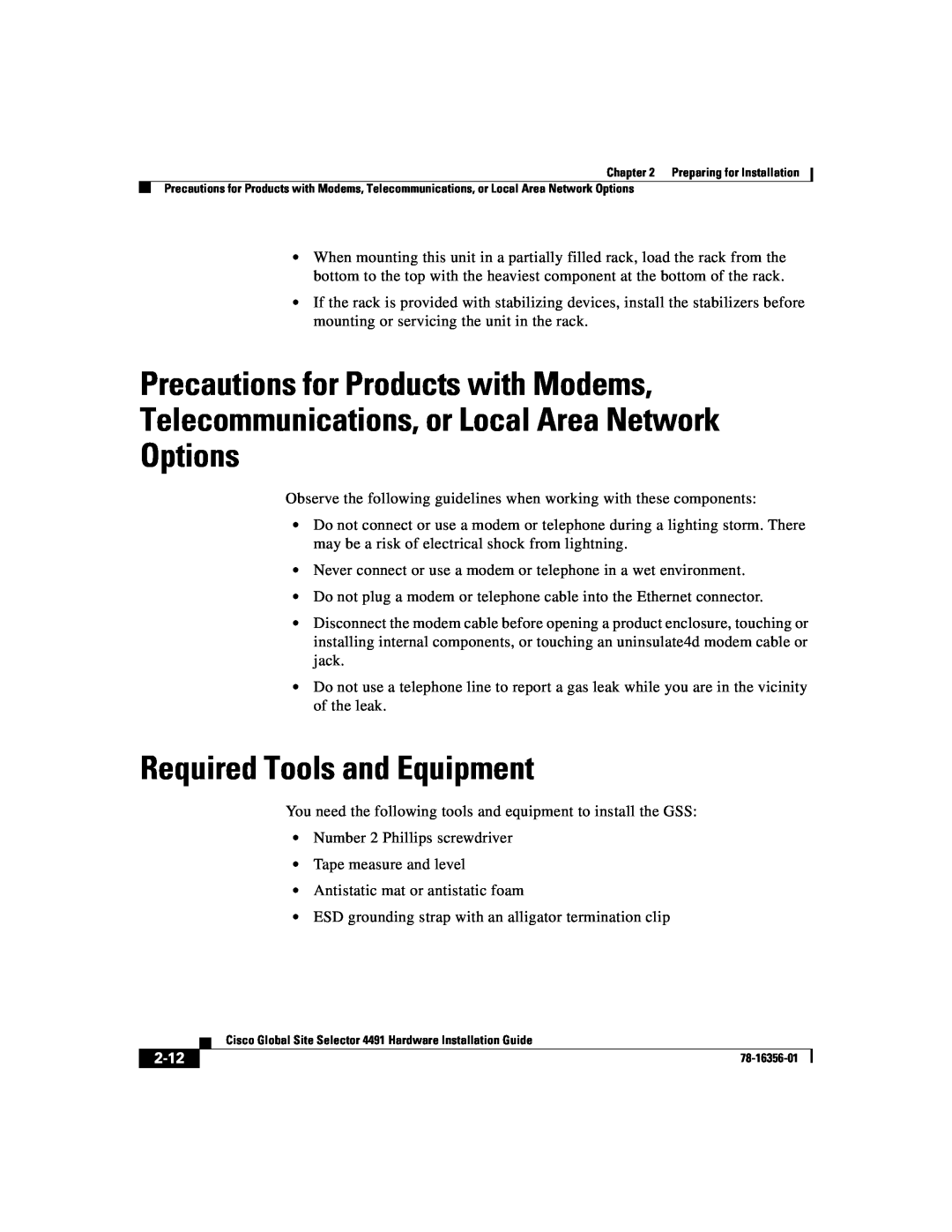 Cisco Systems 78-16356-01 manual Required Tools and Equipment, 2-12 