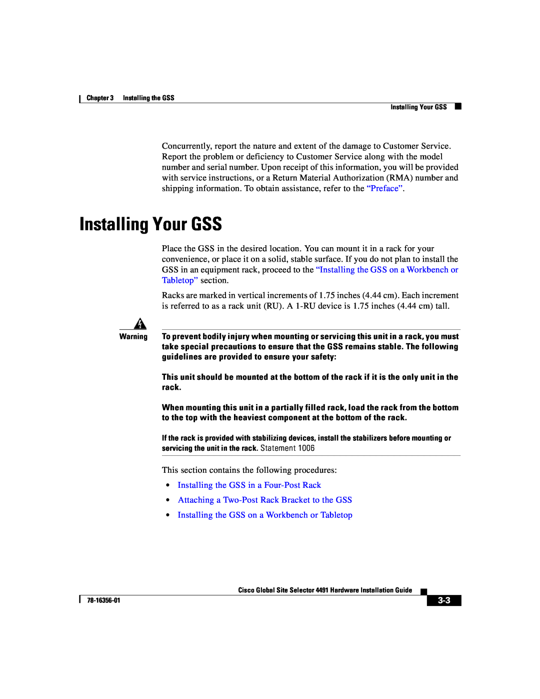 Cisco Systems 78-16356-01 manual Installing Your GSS, Installing the GSS in a Four-Post Rack 