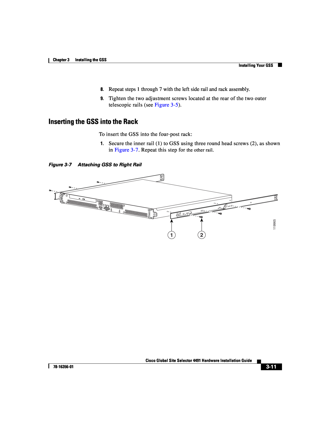 Cisco Systems 78-16356-01 manual Inserting the GSS into the Rack, 3-11 