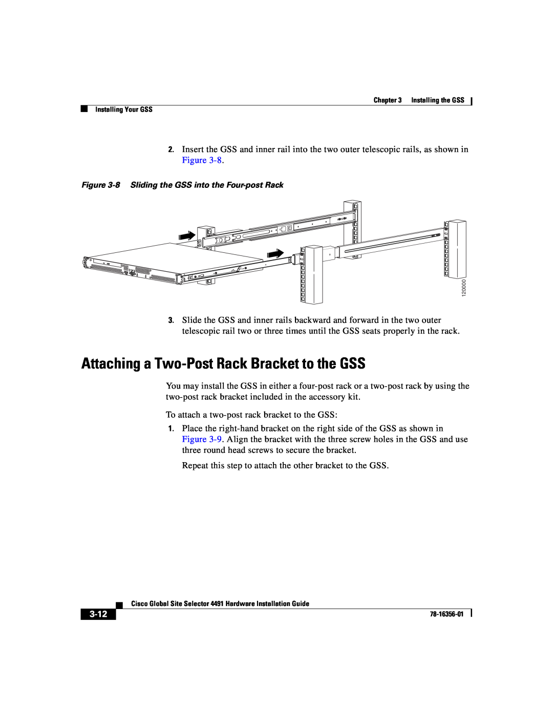 Cisco Systems 78-16356-01 manual Attaching a Two-Post Rack Bracket to the GSS, 3-12 