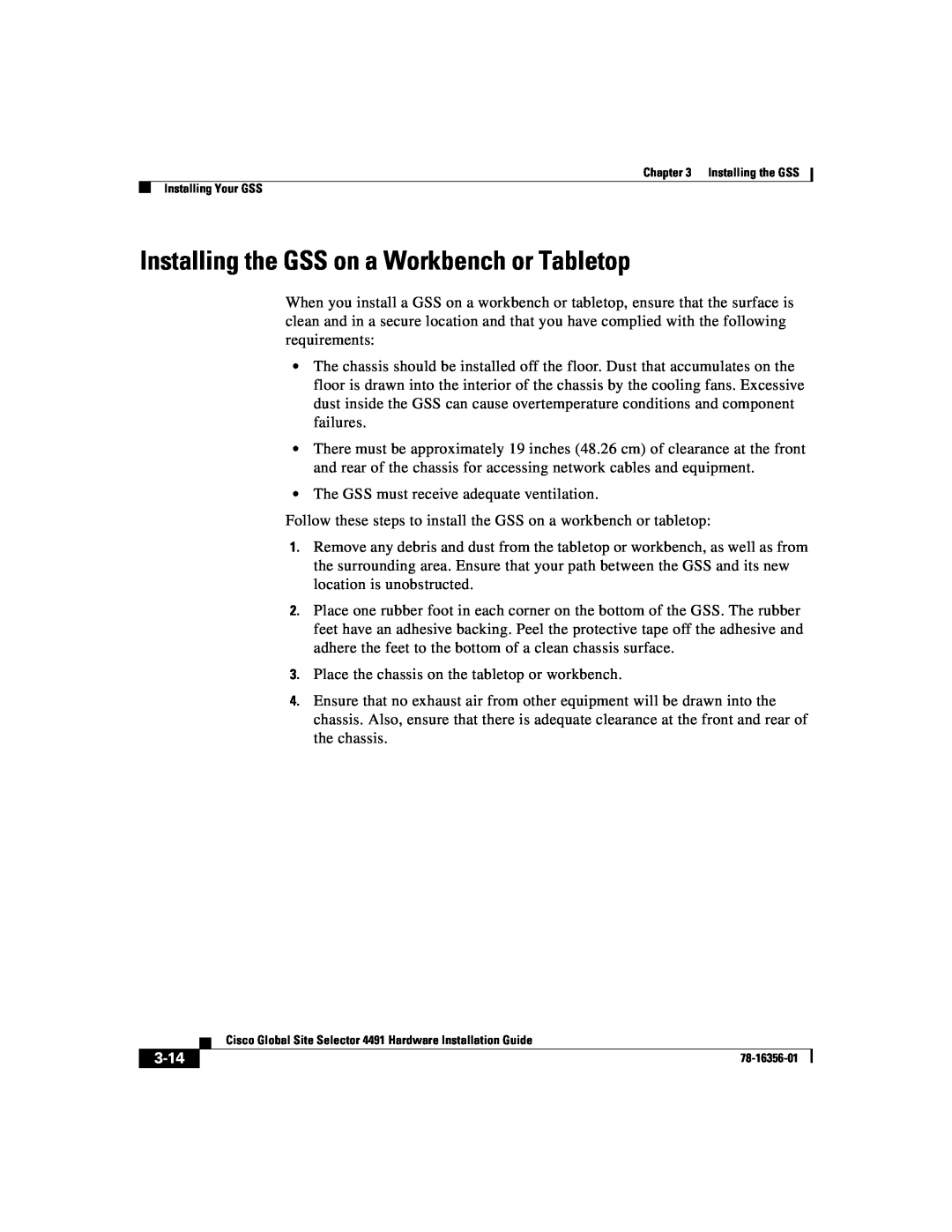 Cisco Systems 78-16356-01 manual Installing the GSS on a Workbench or Tabletop, 3-14 