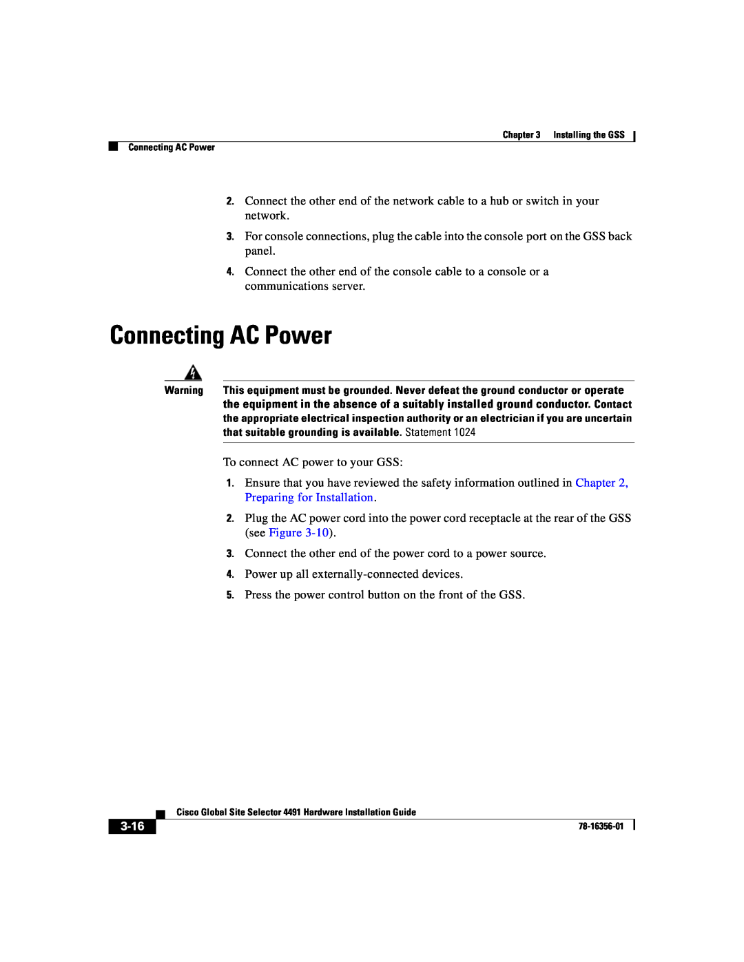 Cisco Systems 78-16356-01 manual Connecting AC Power, 3-16 