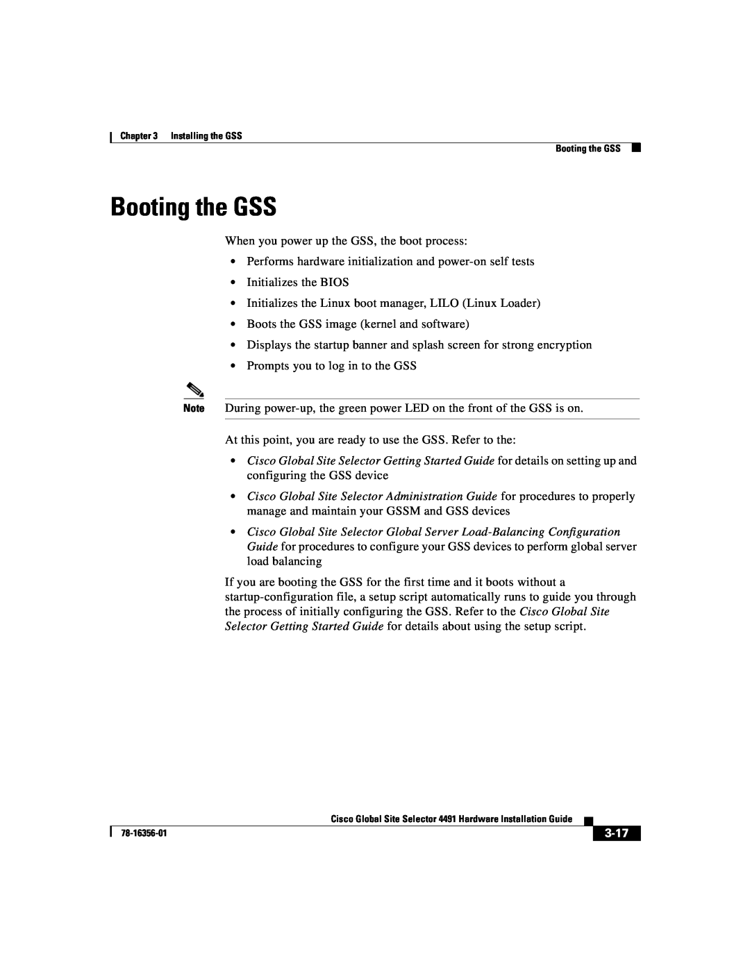 Cisco Systems 78-16356-01 manual Booting the GSS, 3-17 