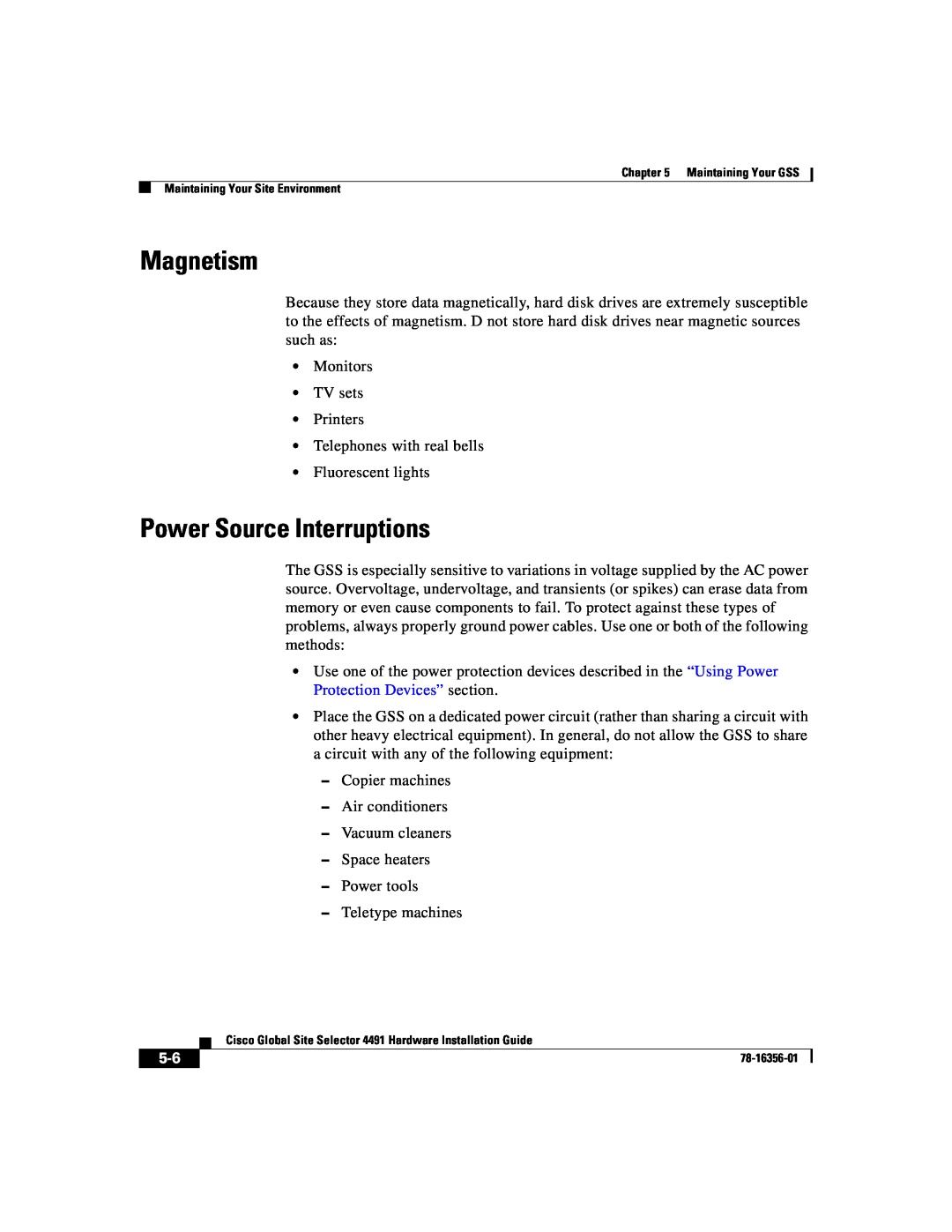 Cisco Systems 78-16356-01 manual Magnetism, Power Source Interruptions 
