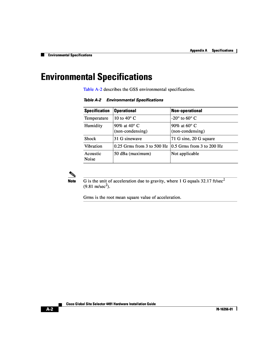 Cisco Systems 78-16356-01 manual Environmental Specifications 