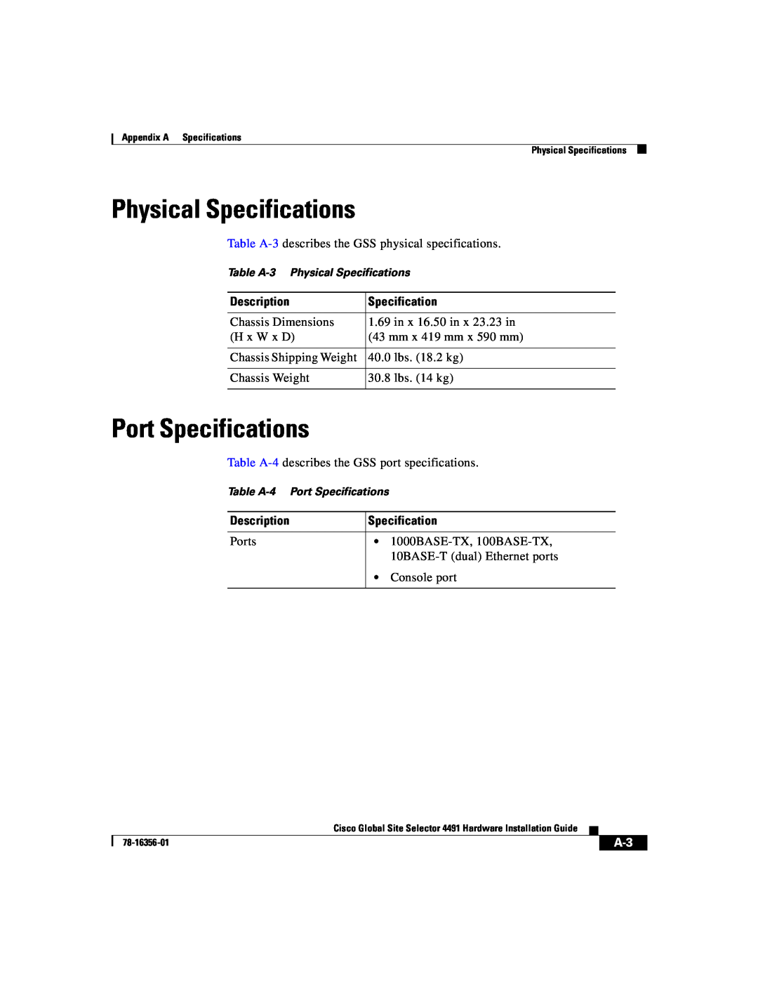 Cisco Systems 78-16356-01 manual Physical Specifications, Port Specifications 