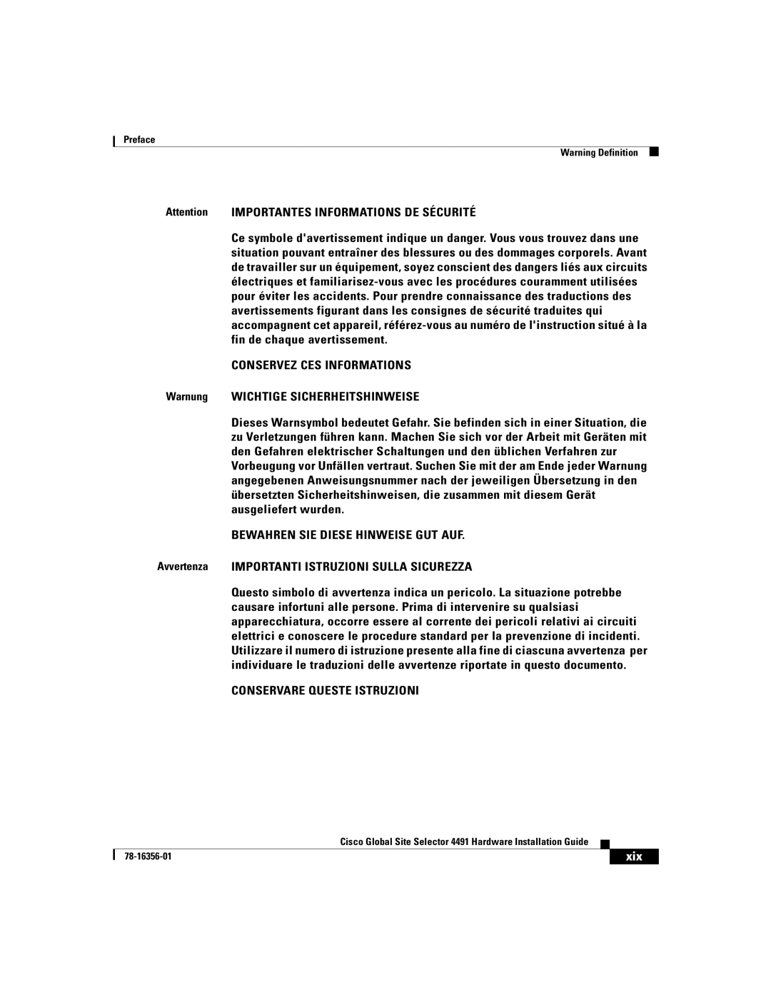 Cisco Systems 78-16356-01 manual Warnung Wichtige Sicherheitshinweise, Avvertenza Importanti Istruzioni Sulla Sicurezza 