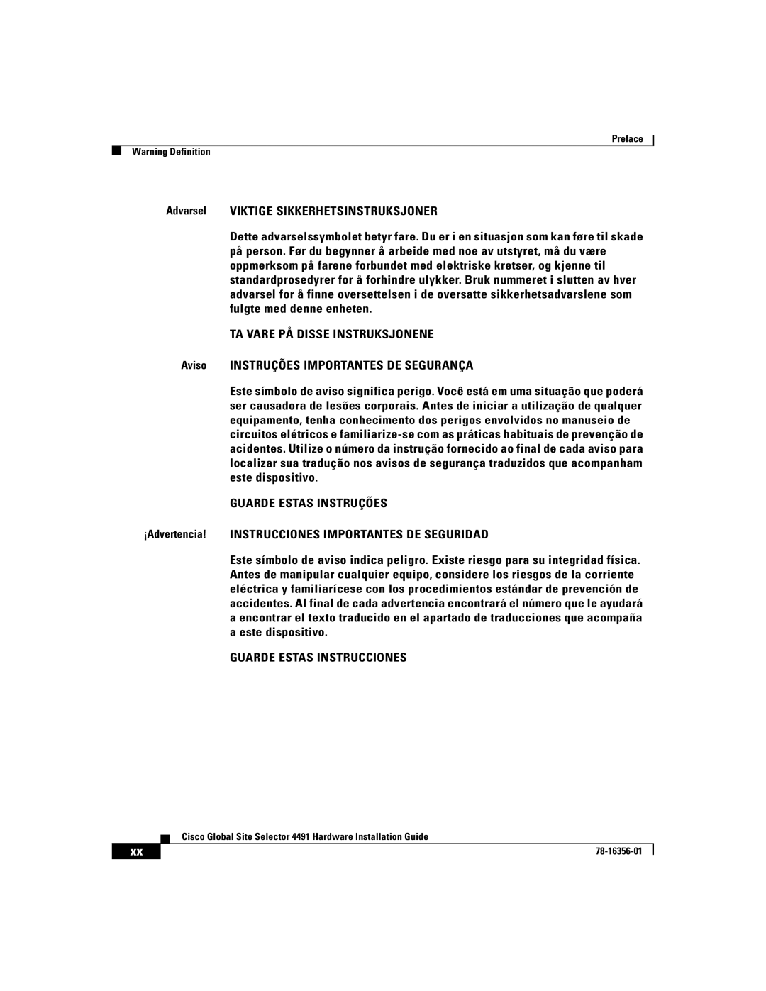 Cisco Systems 78-16356-01 manual TA Vare PÅ Disse Instruksjonene, Aviso Instruções Importantes DE Segurança 