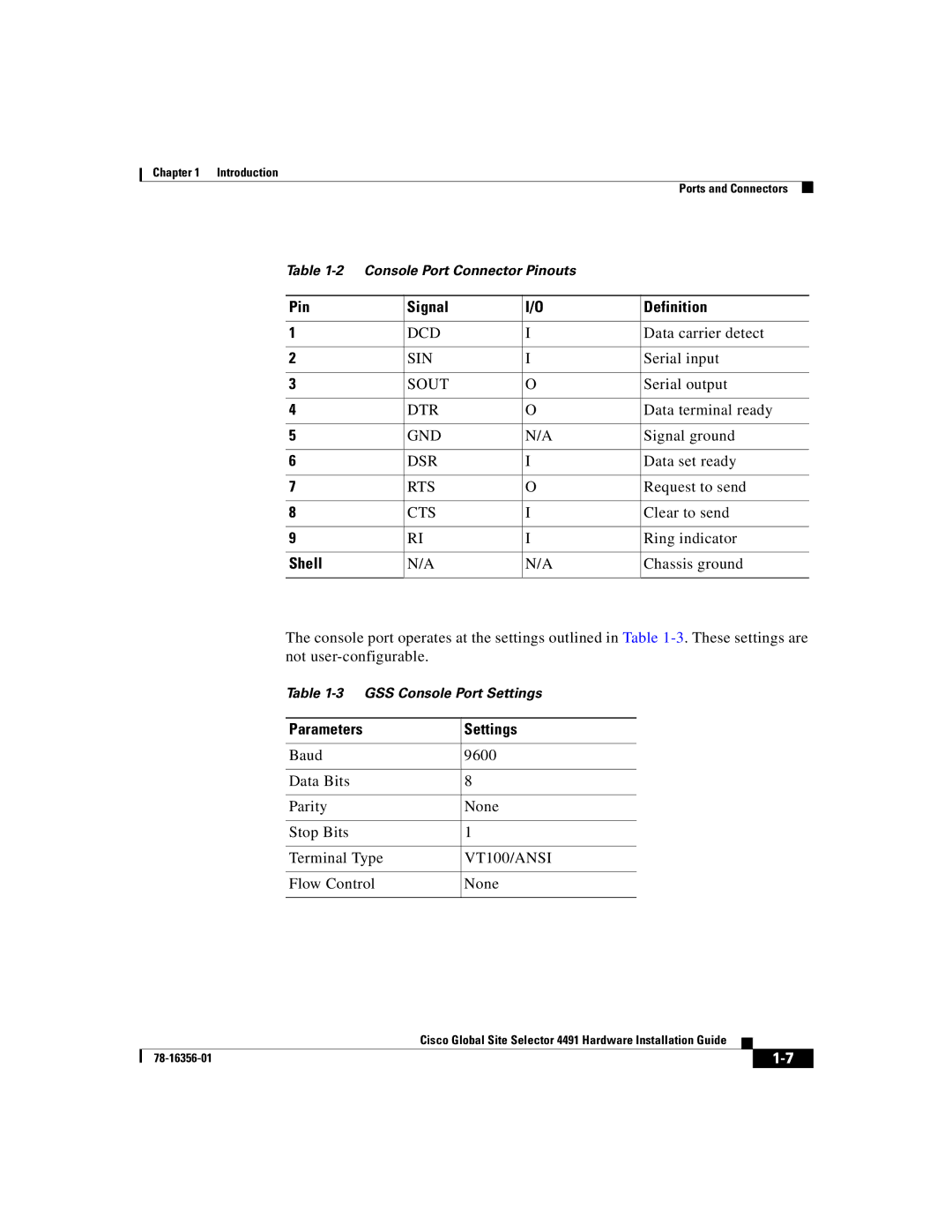 Cisco Systems 78-16356-01 manual Pin Signal Definition, Shell, Parameters Settings 