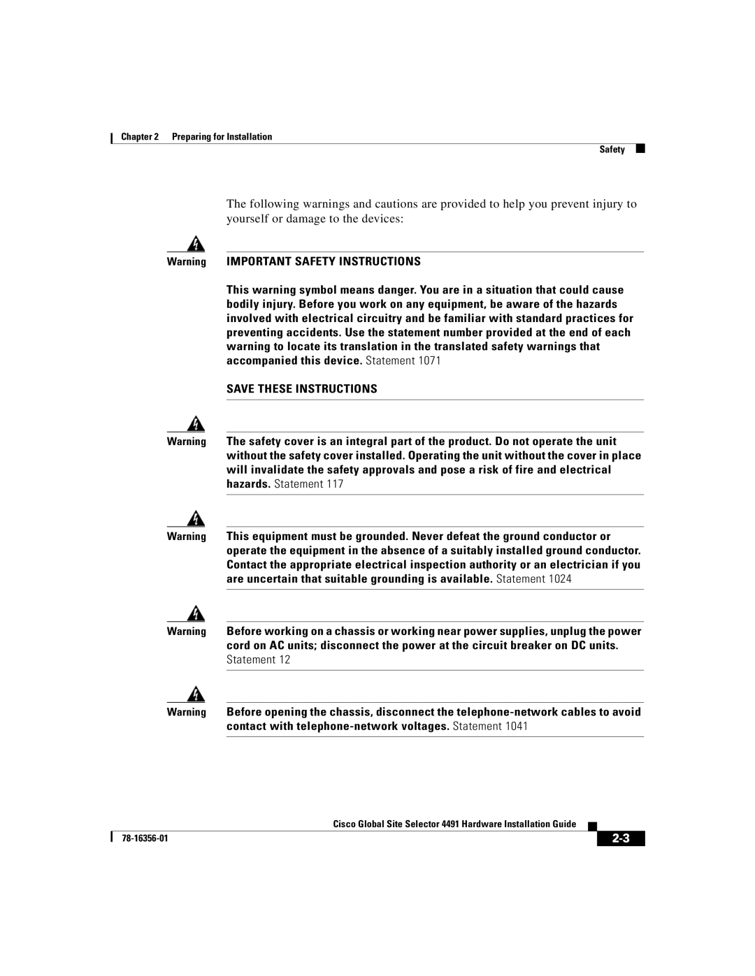 Cisco Systems 78-16356-01 manual Preparing for Installation Safety 