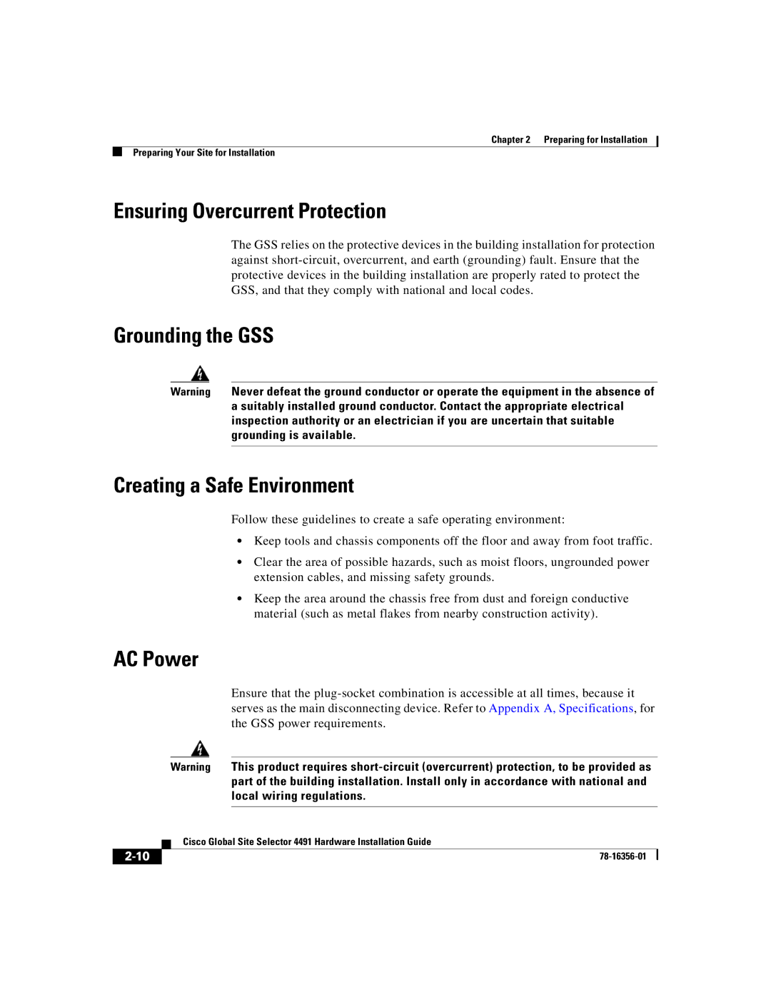 Cisco Systems 78-16356-01 manual Ensuring Overcurrent Protection, Grounding the GSS Creating a Safe Environment, AC Power 