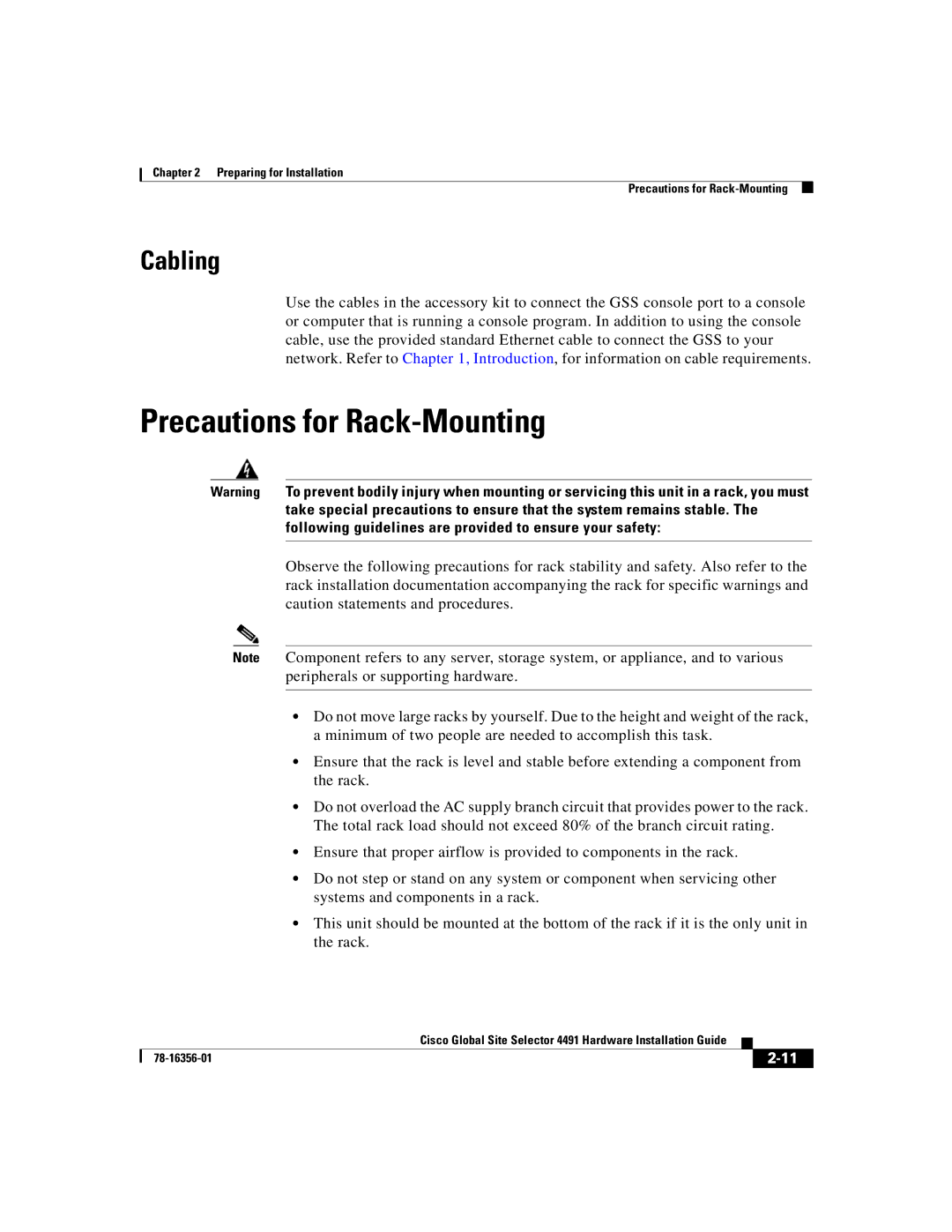 Cisco Systems 78-16356-01 manual Precautions for Rack-Mounting, Cabling 