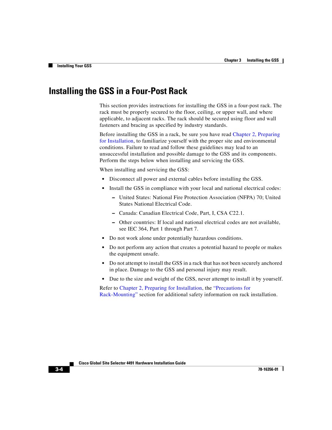 Cisco Systems 78-16356-01 manual Installing the GSS in a Four-PostRack 