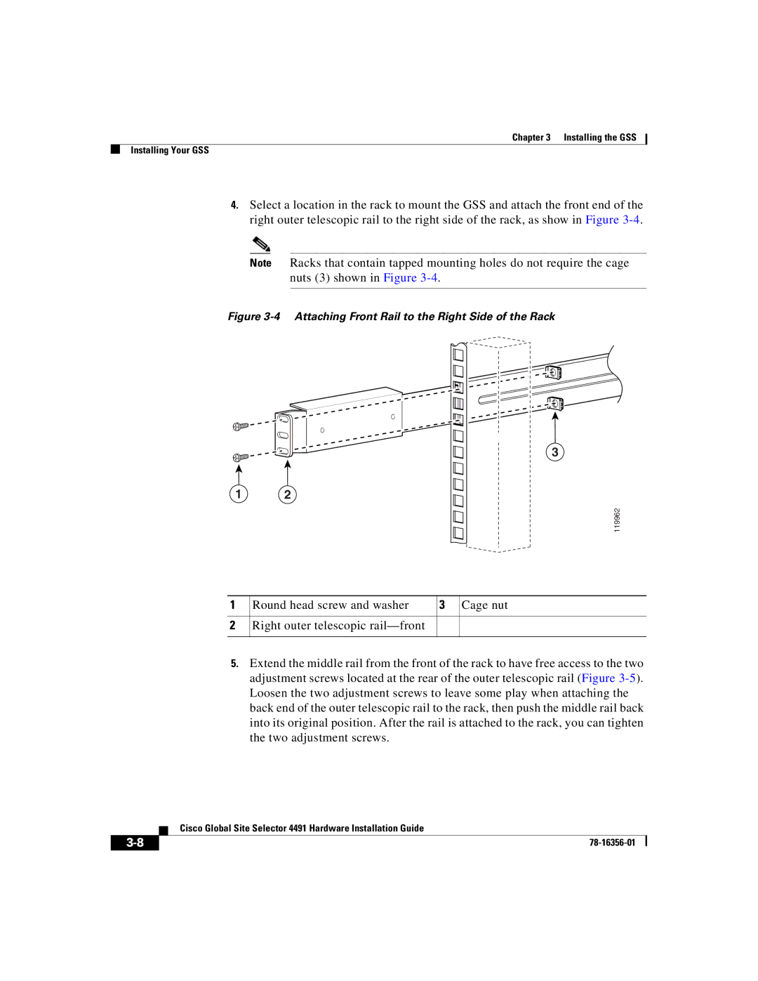 Cisco Systems 78-16356-01 manual Attaching Front Rail to the Right Side of the Rack 