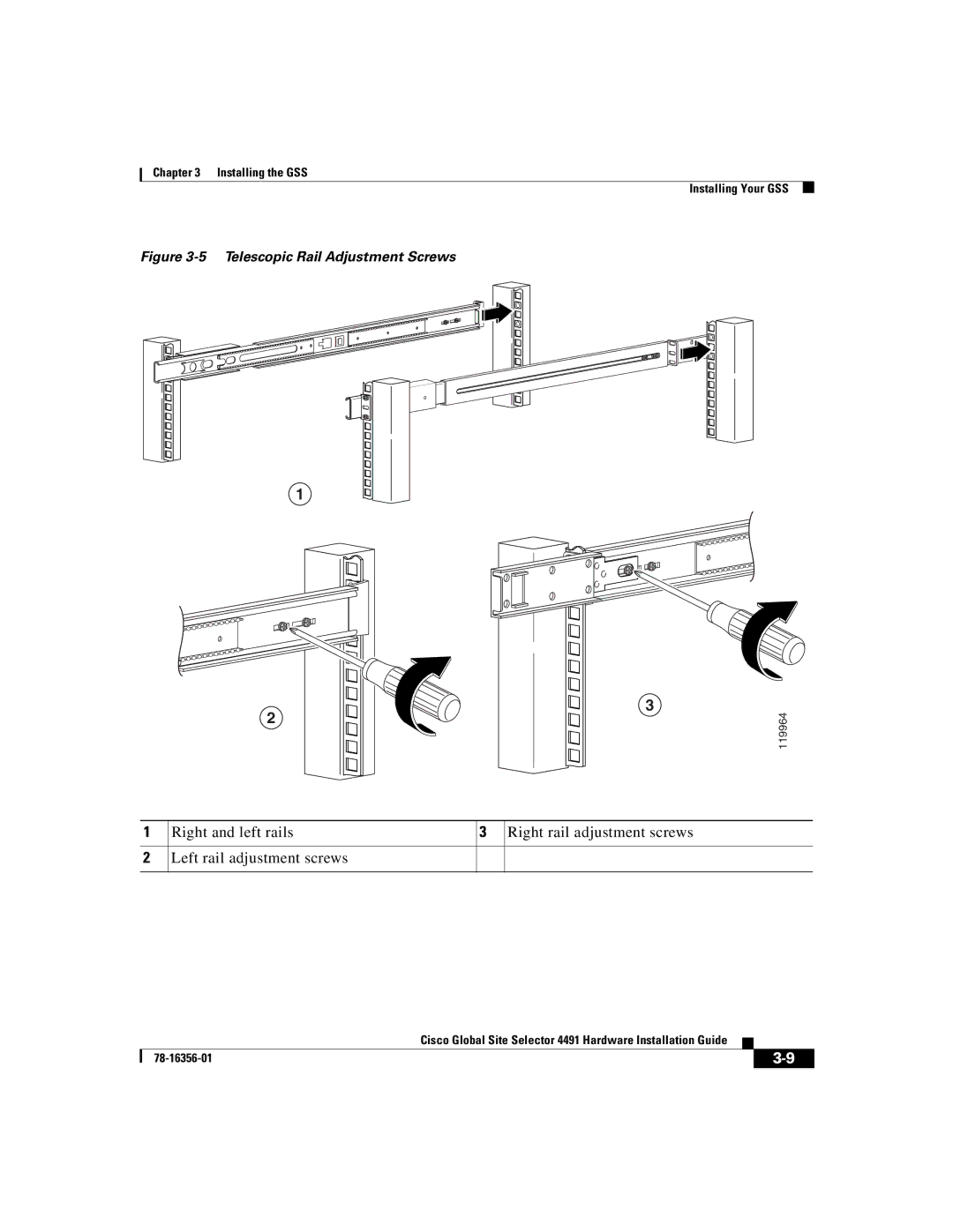 Cisco Systems 78-16356-01 manual Telescopic Rail Adjustment Screws 