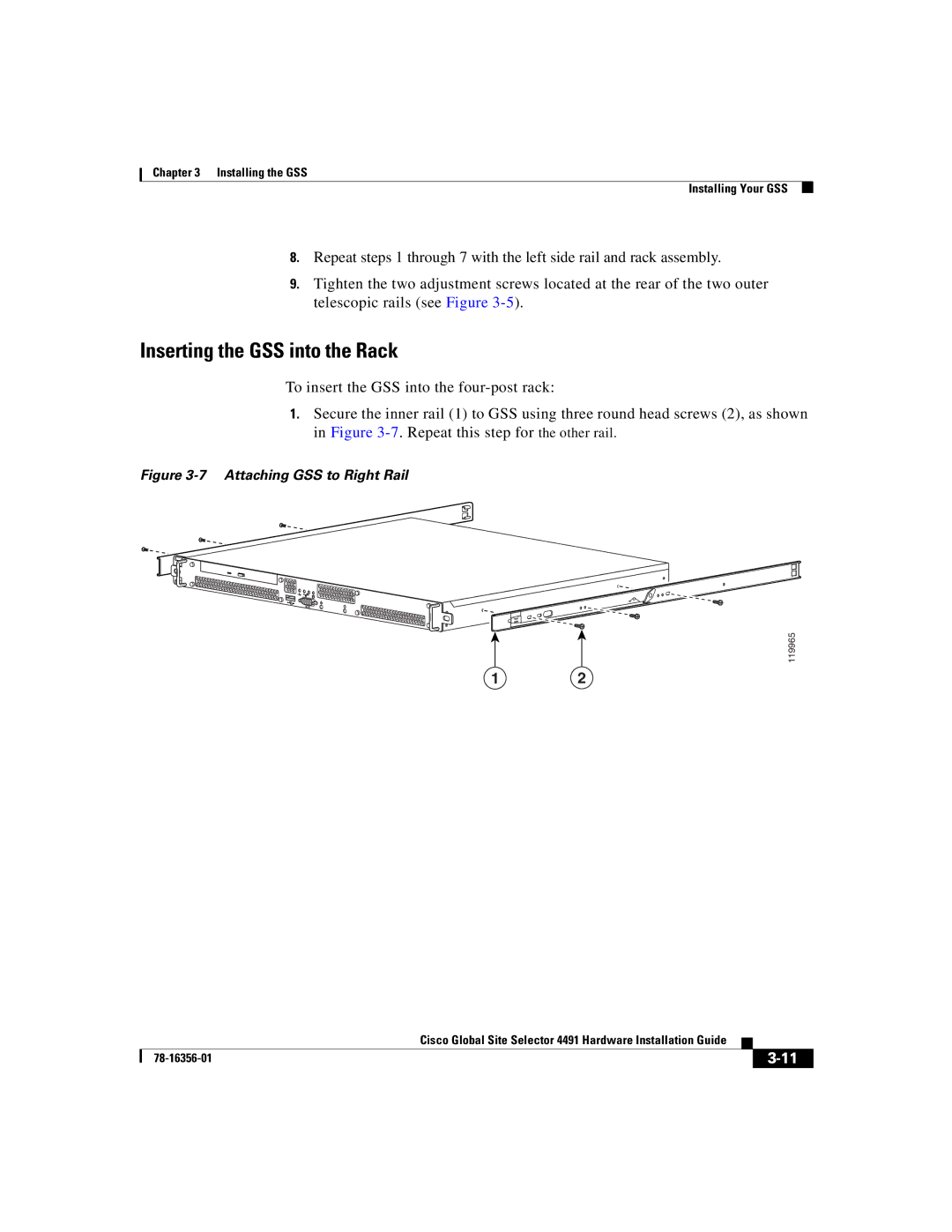 Cisco Systems 78-16356-01 manual Inserting the GSS into the Rack 