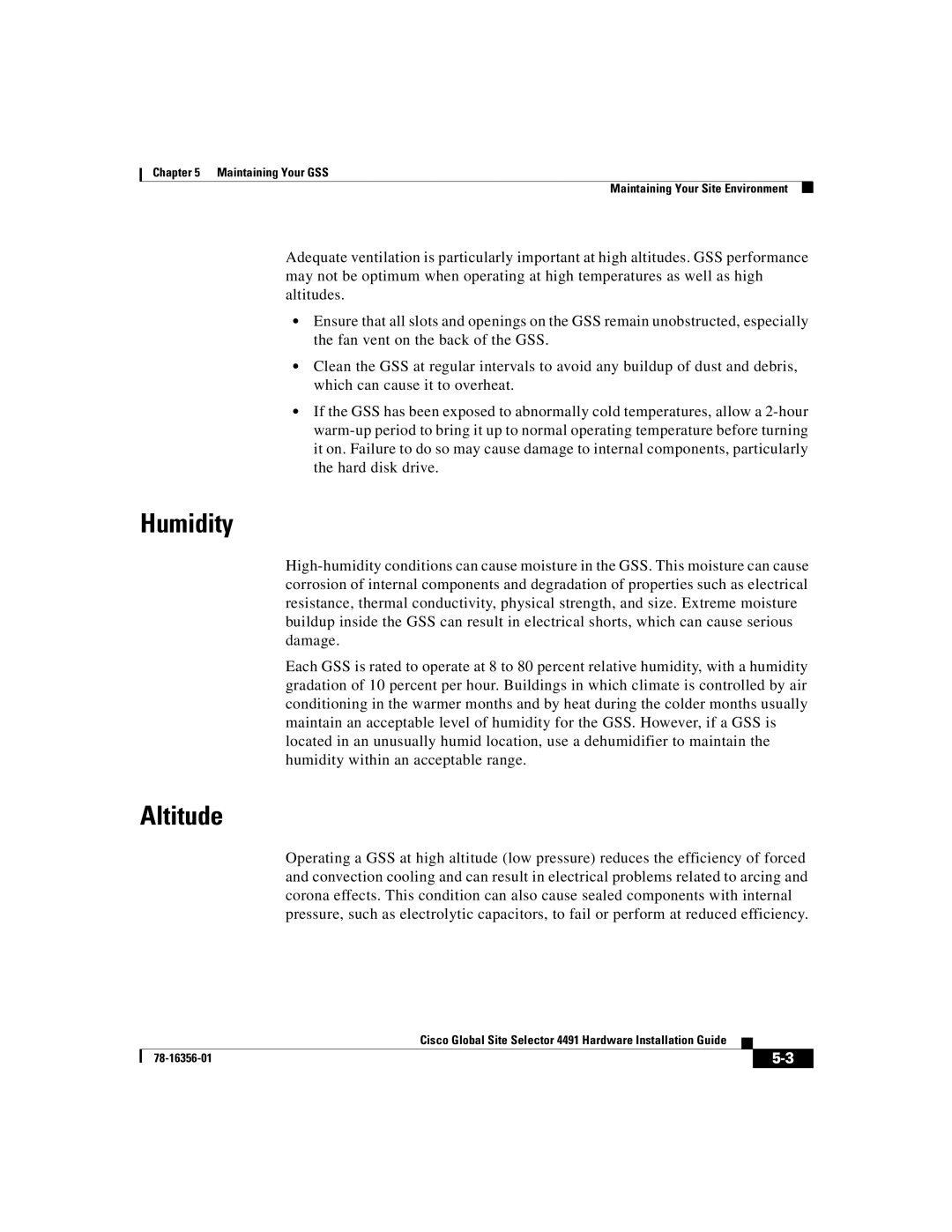 Cisco Systems 78-16356-01 manual Humidity, Altitude 