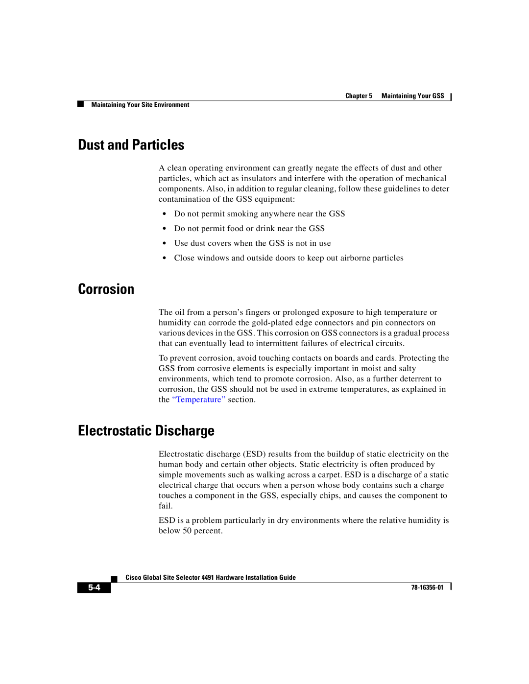 Cisco Systems 78-16356-01 manual Dust and Particles, Corrosion, Electrostatic Discharge 