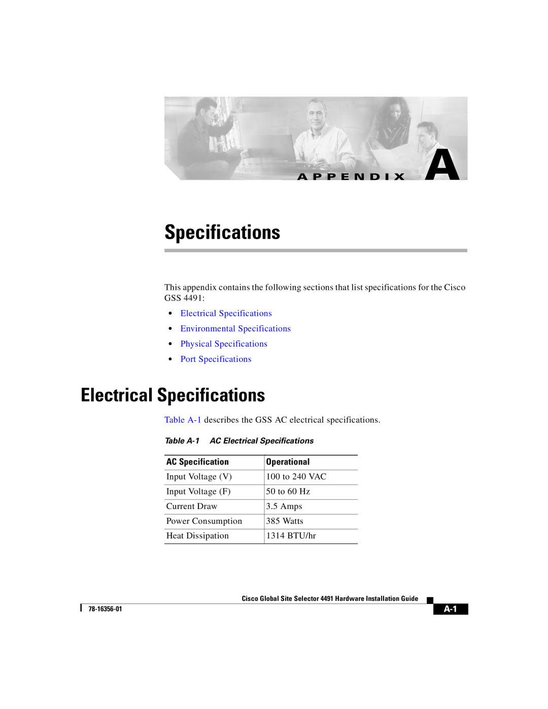 Cisco Systems 78-16356-01 manual Electrical Specifications, AC Specification Operational 