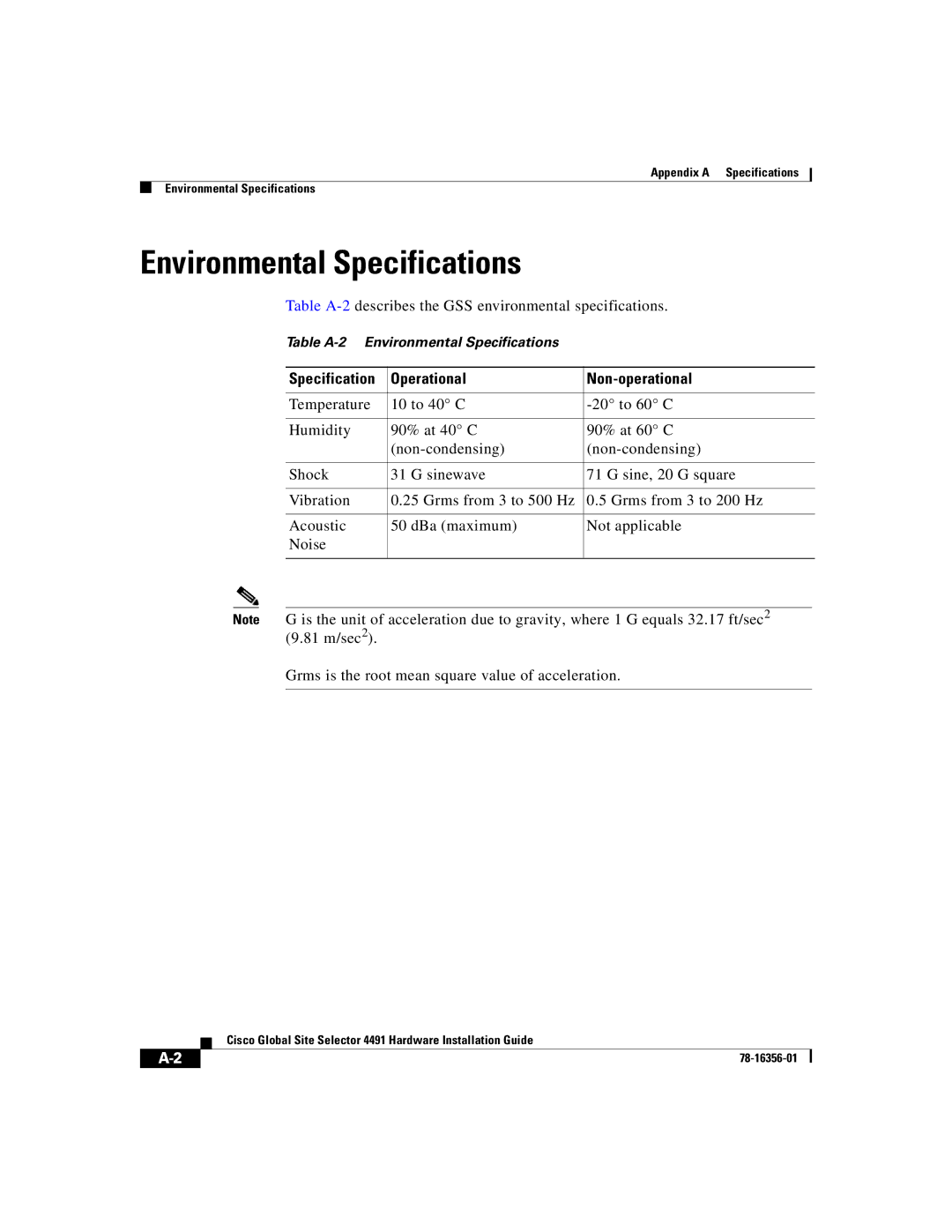 Cisco Systems 78-16356-01 manual Environmental Specifications, Specification Operational Non-operational 