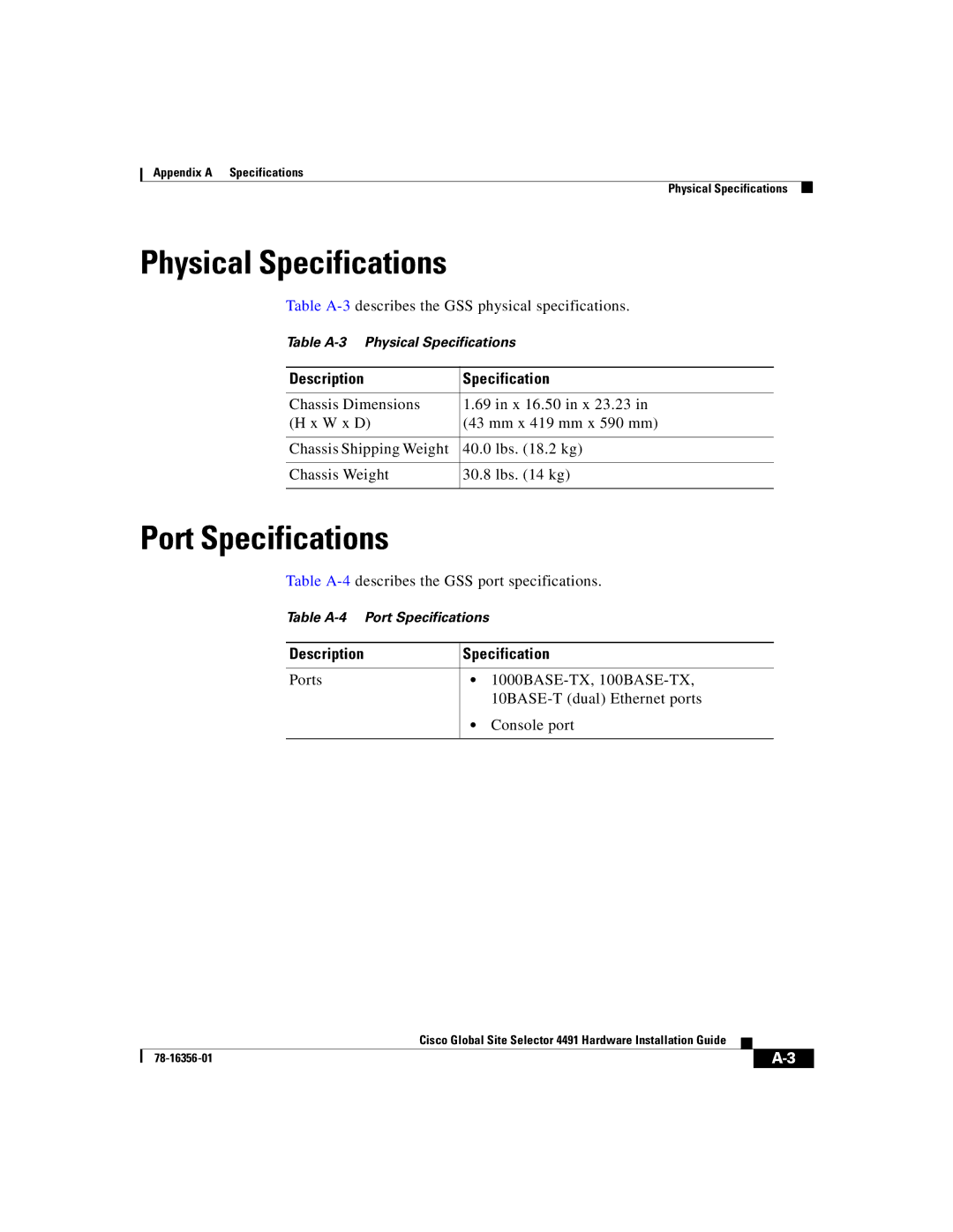 Cisco Systems 78-16356-01 manual Physical Specifications, Port Specifications, Description Specification 