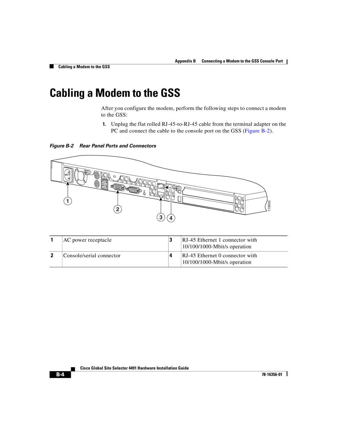 Cisco Systems 78-16356-01 manual Cabling a Modem to the GSS, Figure B-2 Rear Panel Ports and Connectors 